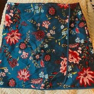 Ann Taylor Loft Embroidered Blue Floral Straight Faux Wrap Mini